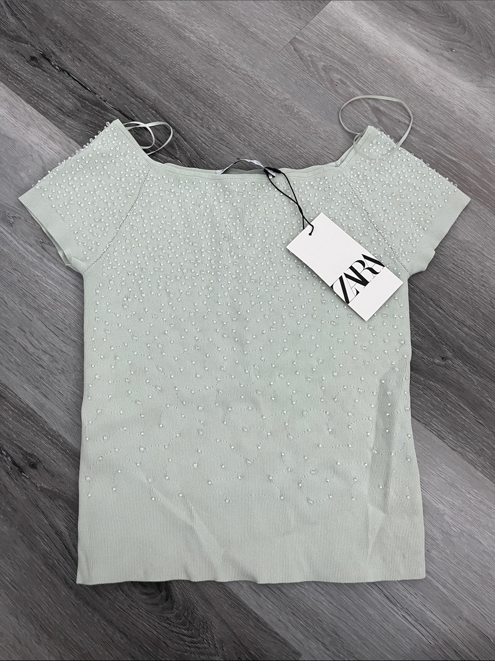 Zara Pale Mint Pearl-Embellished Knit Top